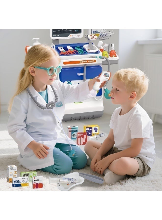 مجموعة أدوات الطبيب للأطفال ألعاب تعليمية للعب الأدوار، مجموعة أدوات طبية مع سماعة طبية ومقياس حرارة وزي طبيب وعربة متنقلة، ألعاب لعب الأدوار للفتيات والفتيان من 3 إلى 8 سنوات هدايا للأطفال الصغار (أزرق) - Image 4